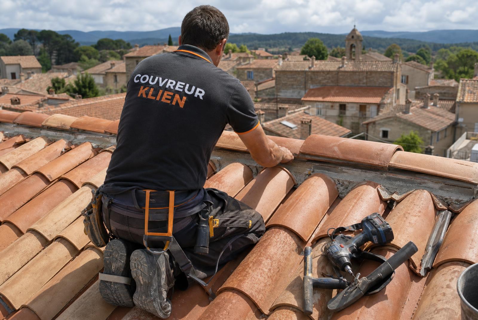 Couvreur KLIEN de dos, en polo floqué, travaillant sur un faîtage en tuile canal
