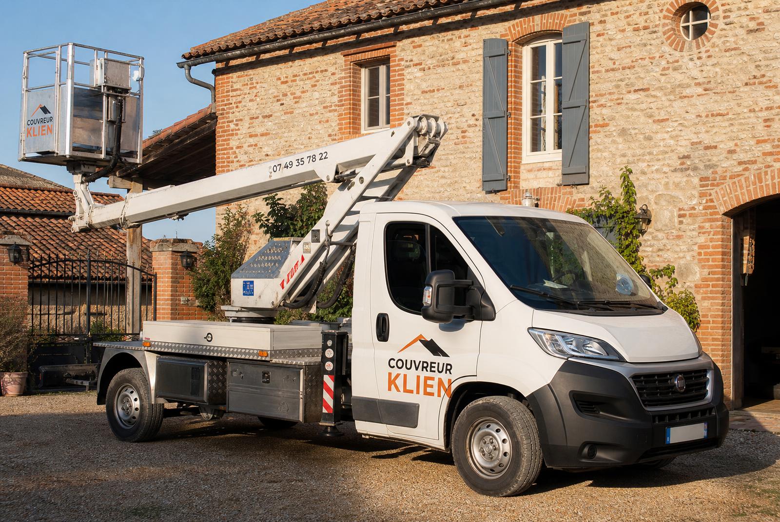 Camion nacelle floqué COUVREUR KLIEN devant une maison en brique