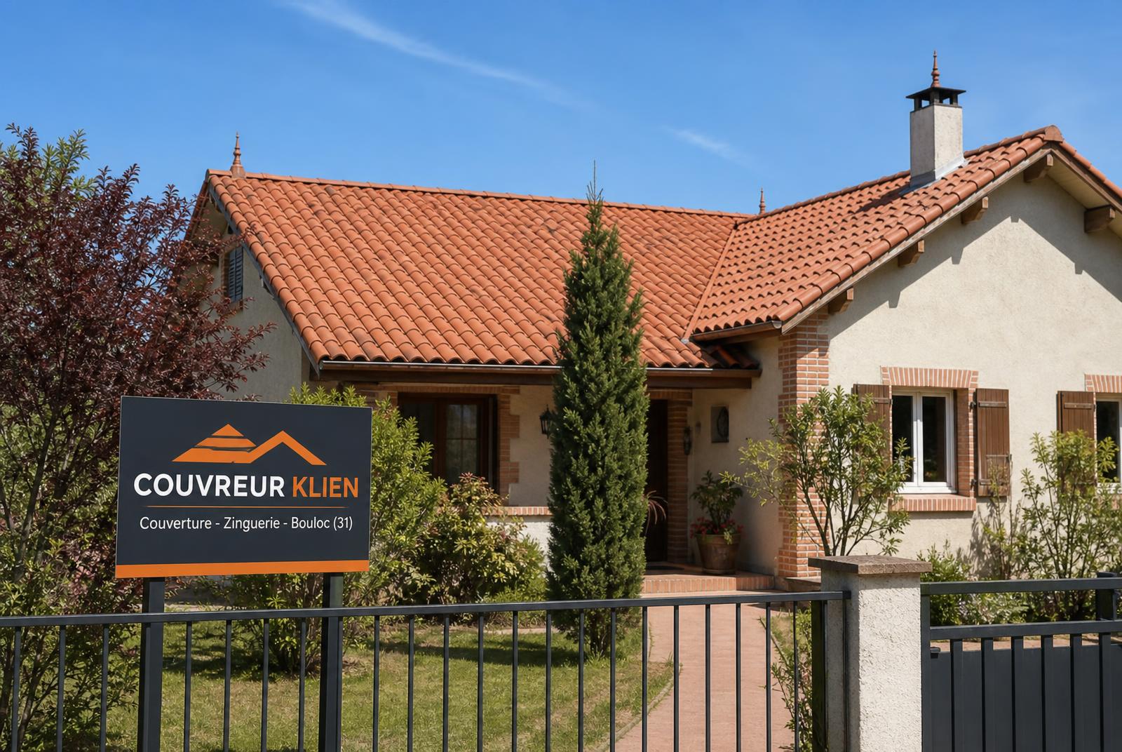 Chantier de toiture terminé à Bouloc avec le panneau de chantier COUVREUR KLIEN